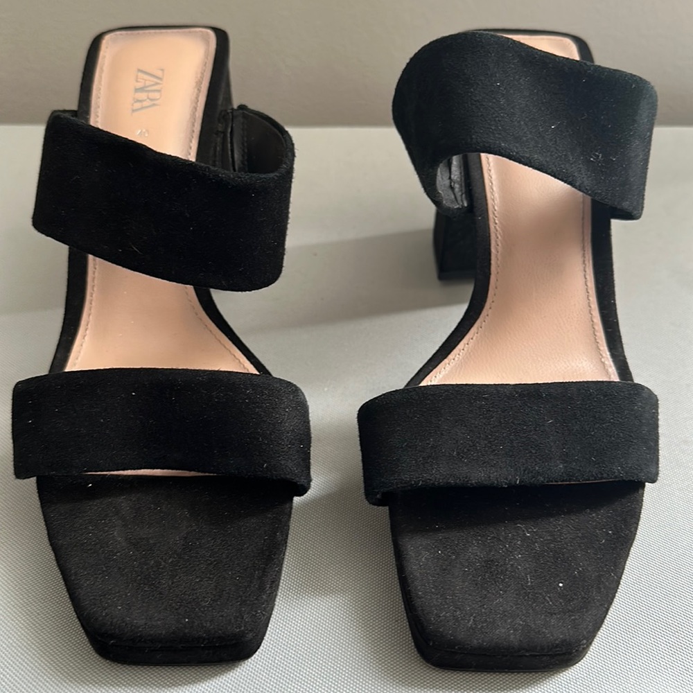 Zara black suede open toe heels